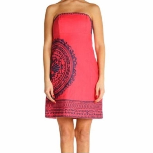 Lilly Pulitzer Dresses & Skirts - Lilly Pulitzer Red Bowen Strapless Dress with Navy Embroidery – Size 2